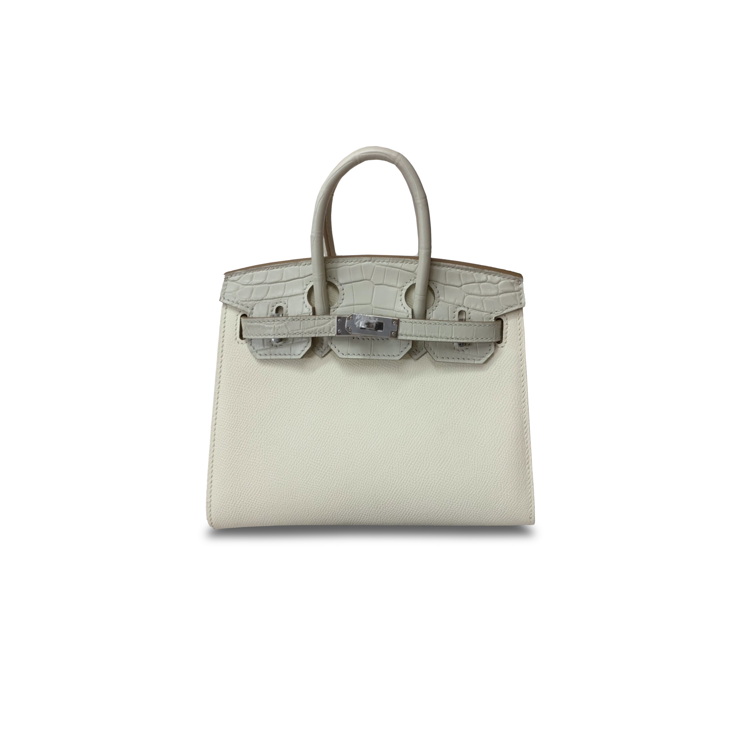 HERMÈS MASTER BIRKIN 20 CROCODILE AND CALF LEATHER MILKSHAKE WHITE GLACIER WHITE SILVER BUCKLE H076210CK06 (20*16*11cm)
